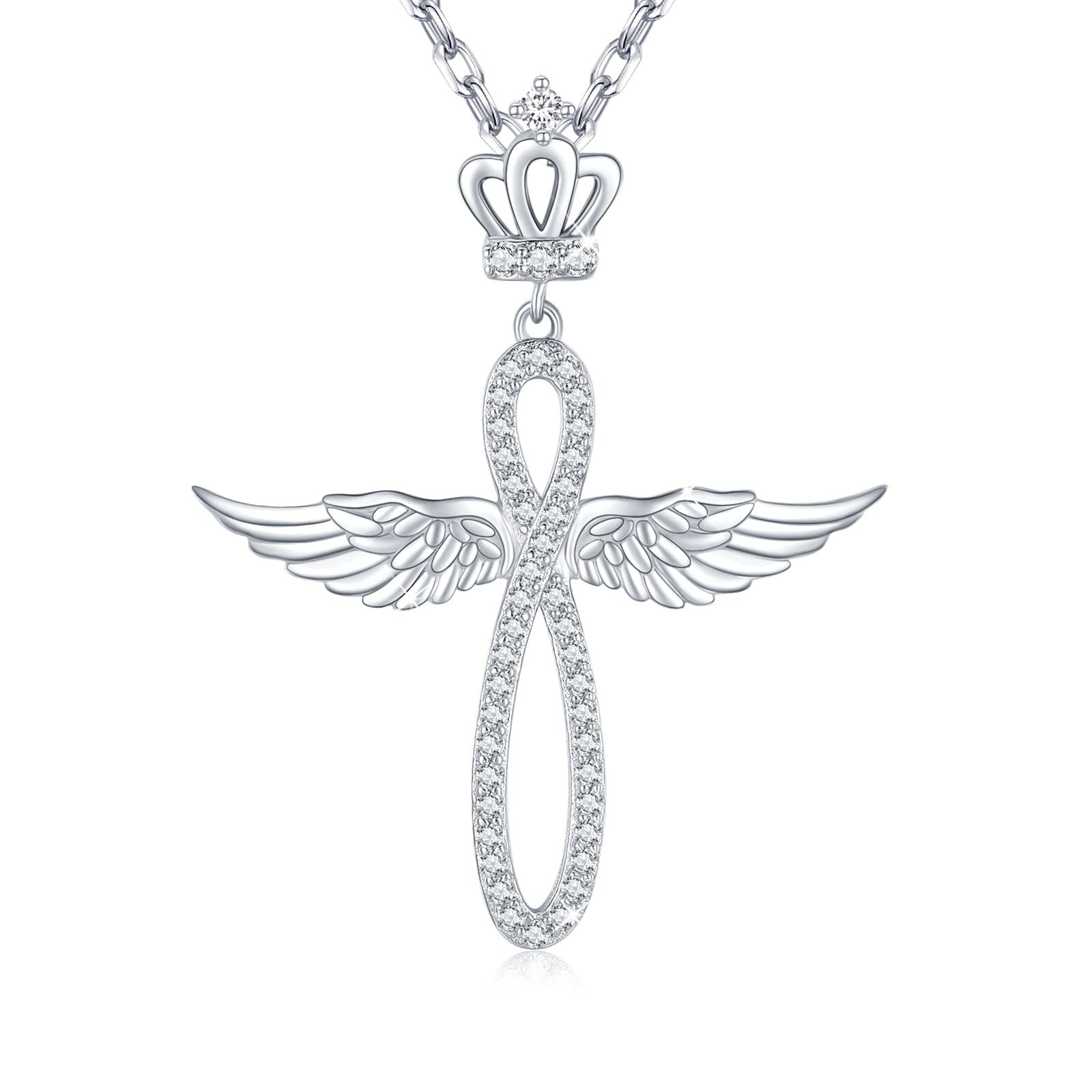 JFASHOPAngel Wings Cross Necklace for Women,S925 Sterling Silver Crown Cross Pendant Infinity Angel Wings Jesus Christian Crucifix Jewelry Gifts, silver