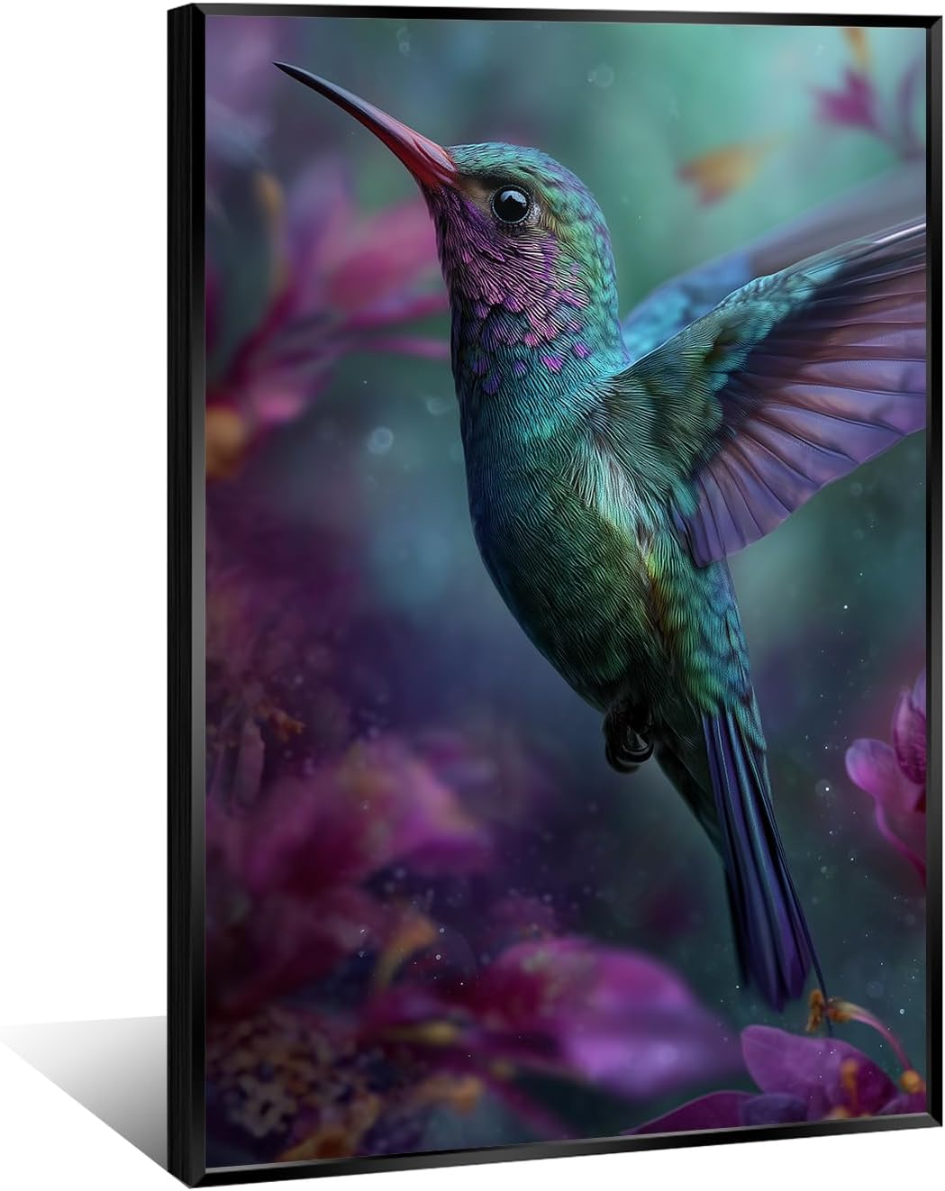 Nature Bird Wall Art Realistic Radiant Poster Hummingbird in Flight Canvas Print for Living Room Bedroom Office Nursery Botanical Garden Decor 11x14in Framed