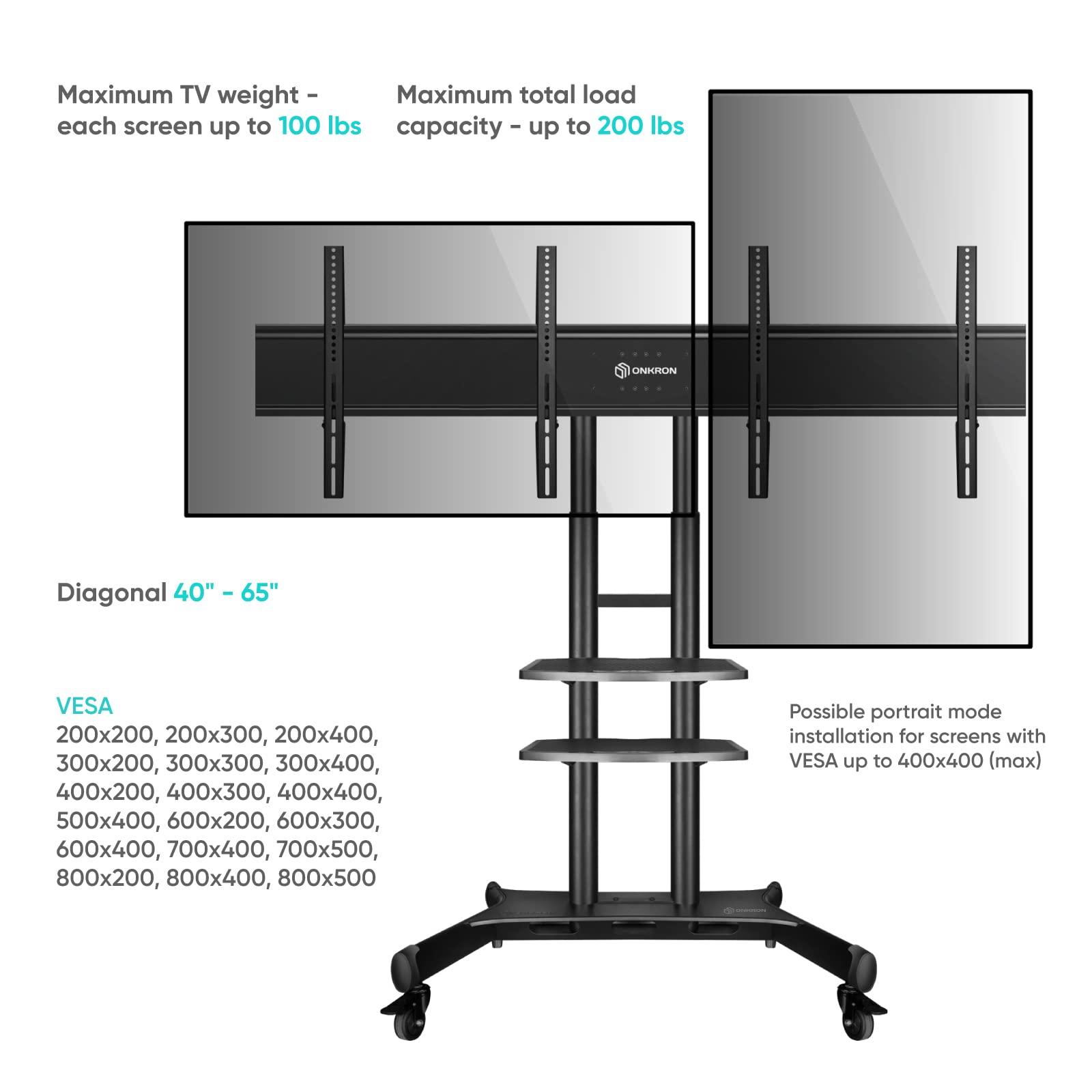ONKRON Supporto doppio VESA per schermi LCD LED OLED 4K Flat Curvi da 40-65 pollici fino a 44,9 kg ciascuno – Adattatore doppio schermo per mobile TV Stand TS1881 VESA compatibile fino a 600x400