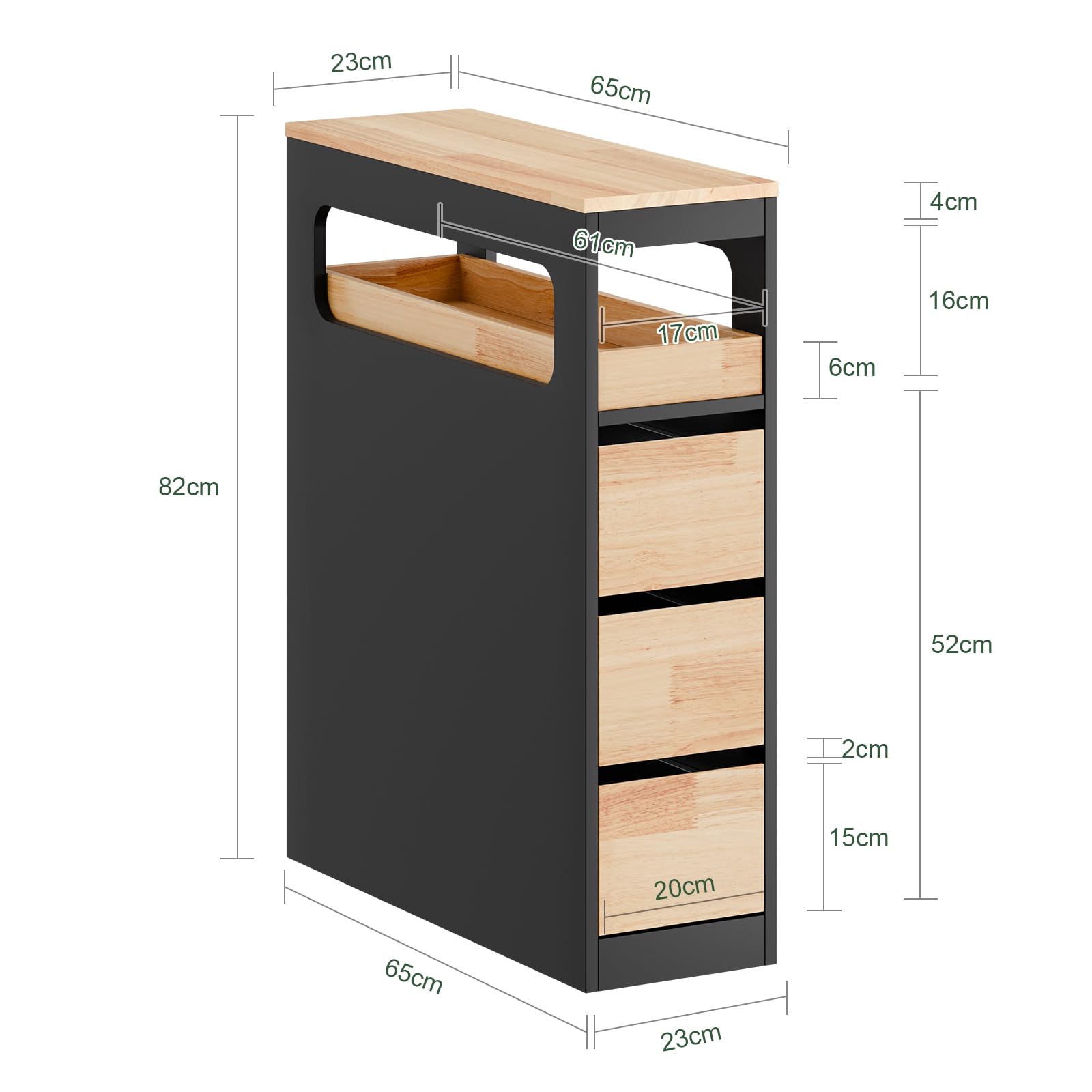 SoBuy Mobiletto Bagno Salvaspazio Cassettiera Bagno Stretto 3 Cassetti con Ruote per Angoli e Nicchie per Piccoli Spazi e Famiglie Nero 65x23x82cm BZR54-II-SCH