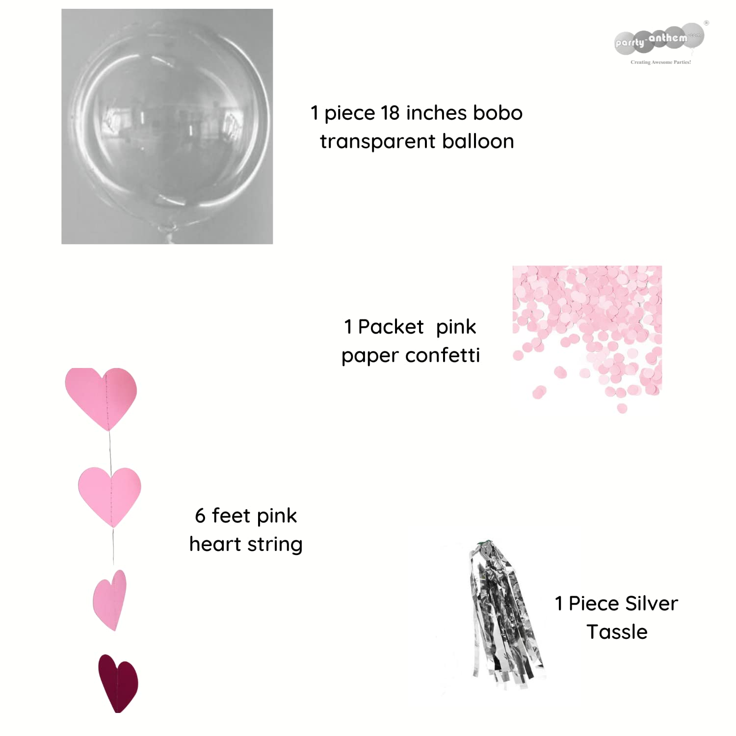 Party Anthem Helium Bobo Balloon with Confetti & Tassle Set | Transparent Bobo Balloon | Pink Confetti | Silver Tassle | Heart Shaped Dangle String - Image 3 thumbnail