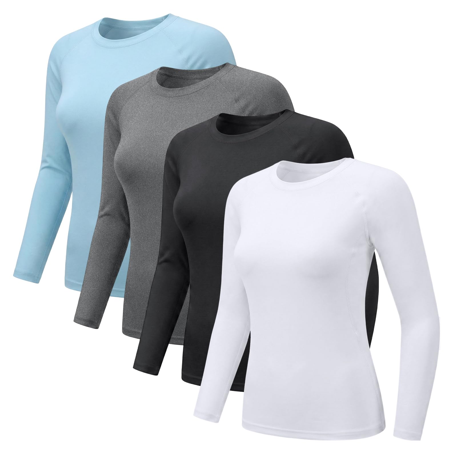 NuCamper Pack de 4 Camisetas Térmicas para Mujer Camiseta Cuello Redondo Mujer Manga Larga Basica Ropa Interior Ligera Termica Tops Elegante Elástica Suaves Ajustada T Shirts para Otoño e Invierno