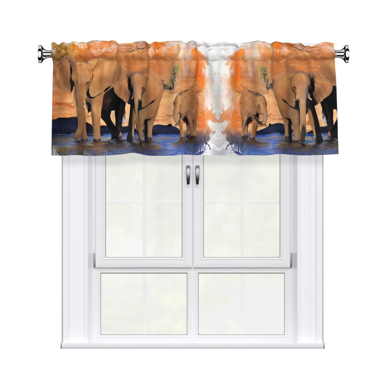 WHJDPP Elephants Art Prints Charming Kitchen Window Cover – 54x18 Inch Peach Skin Valance with Decorative Print