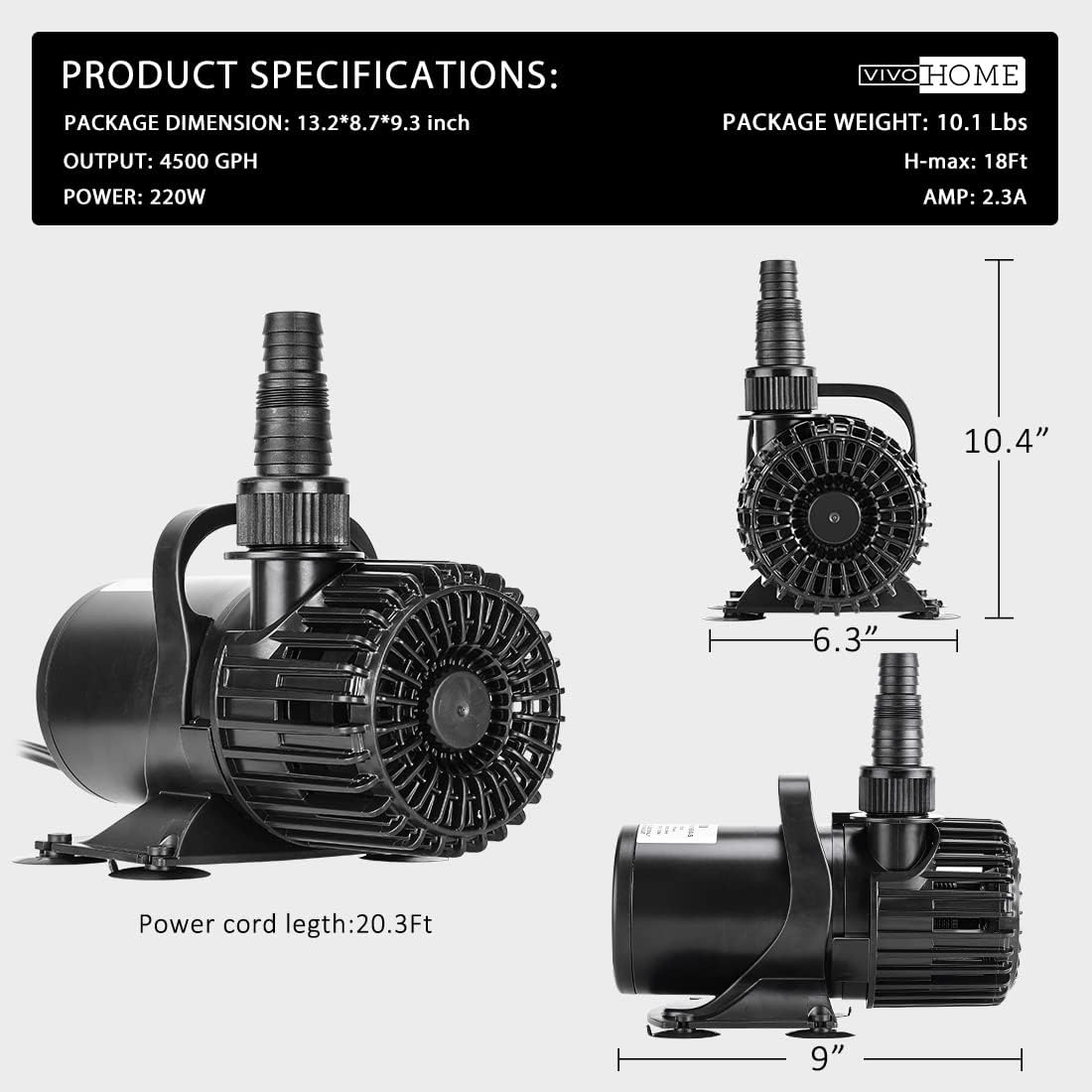 VIVOHOME Electric 220W 4500GPH Submersible Water Pump for Koi Pond Pool Waterfall Fountains Fish Tank and Aquarium : Patio, Lawn & Garden