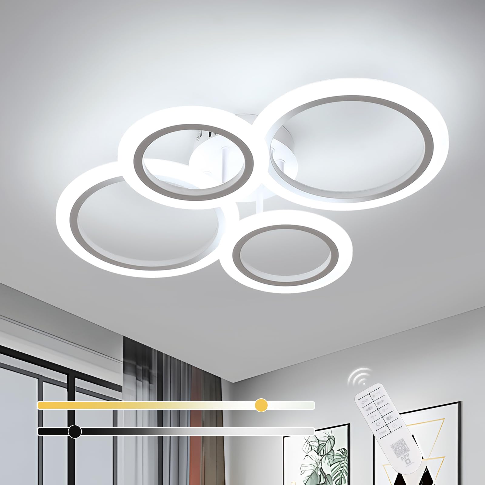 Dimmable LED Ceiling Light with Remote Control, 32W 3600LM Ceiling Lamp with 4 Round Rings, 3000K-6500K Adjustable Brightness, Memory Function, Chandelier Lighting for Living Room, Bedroom, White