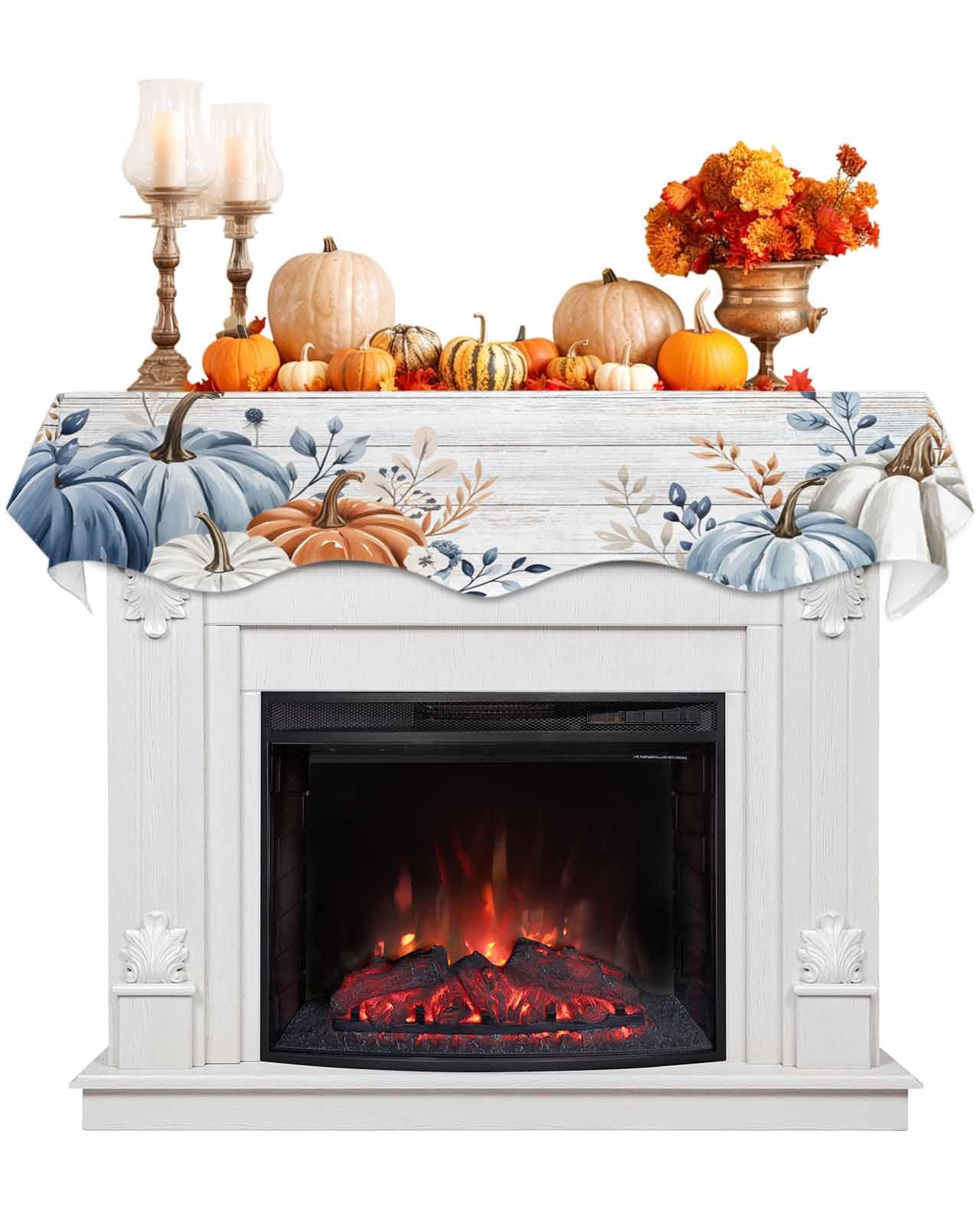 EwdeWwo Fall Mantel Scarf For Fireplace - Blue Leaf Pumpkin Wood Grain, 17 X 90 Inch, Thanksgiving & Autumn Decor