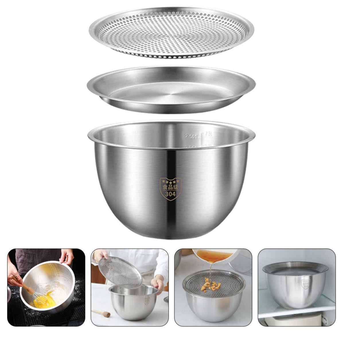 Juego de Colador y Tazón de Acero Inoxidable Plata para Verduras y Huevos | Base Plana, Diseño Antideslizante, Uso Doméstico, Práctico y Multifuncional