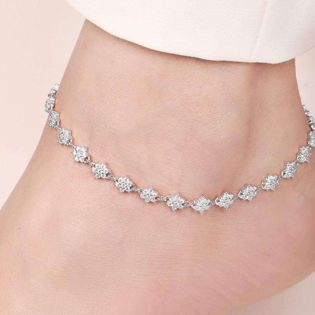 925 Silver CZ Floral Rhodium Chain Anklet Pair