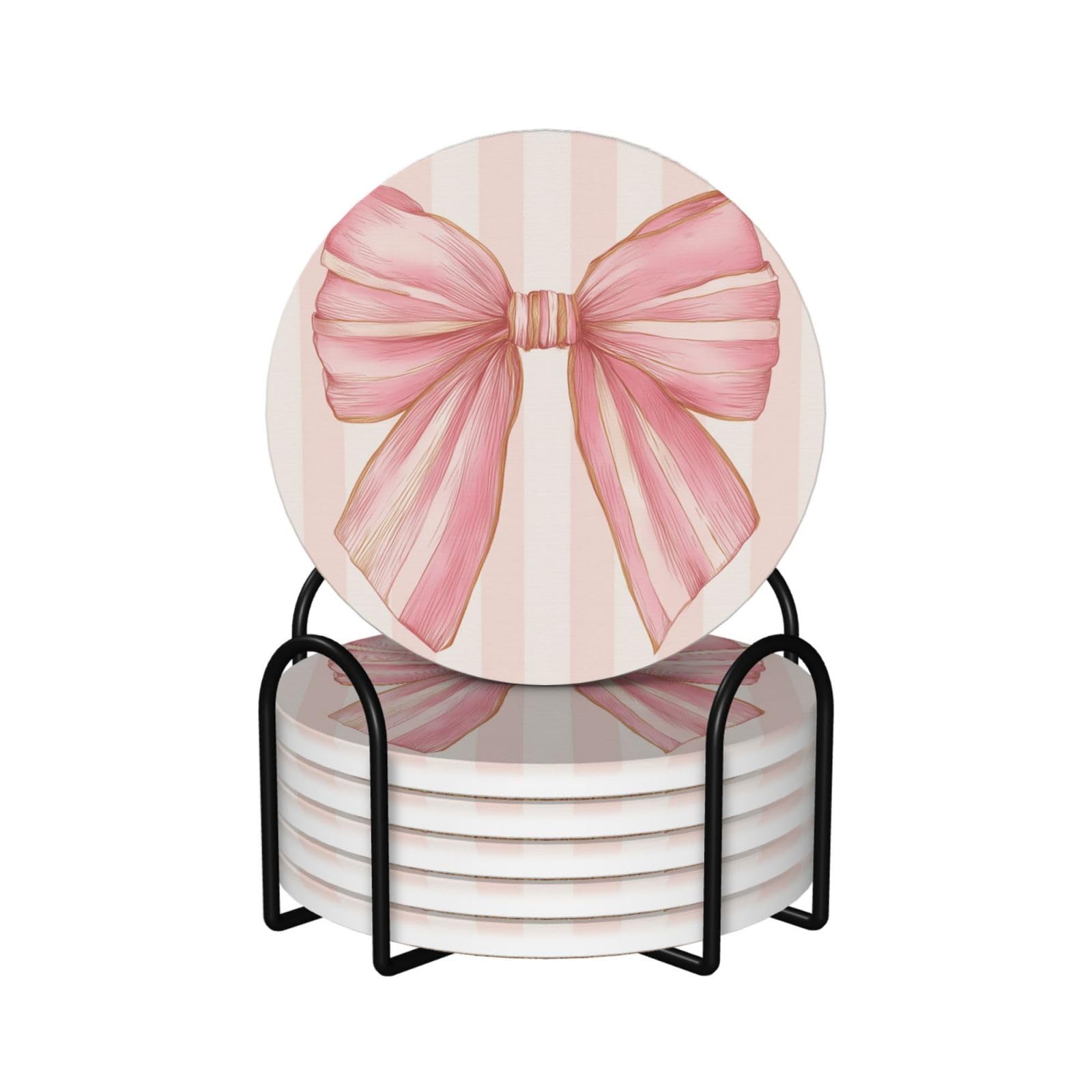 Pink Bow On Vertical Stripes Preppy Coquette Ceramic Coasters with Holder 6ps
