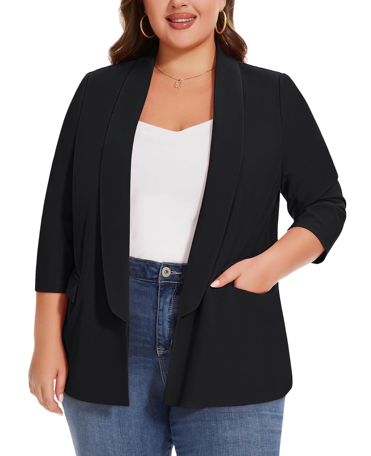 MINTLIMIT Womens Suits Blazers Plus Size 3 4 Sleeve Open Front Suit Jacket Solid Stretchy Blazer with Pockets