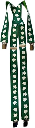 FQHTM Saint.Patricks Day White Shamrock On Green Clip Suspender, X-Long 1.5" W x 48" L