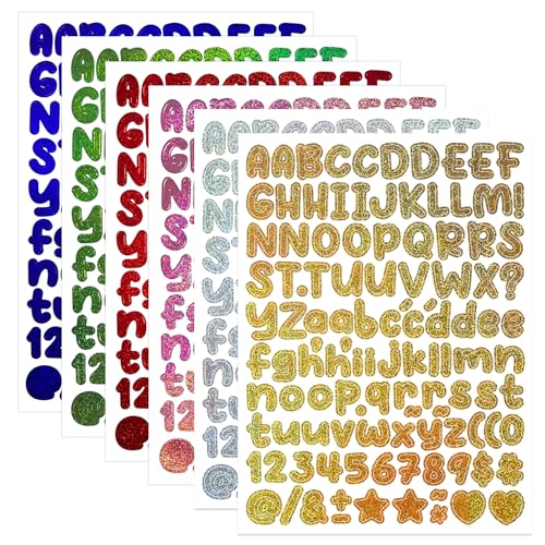 BINLINHONGO 666 Pieces Small Vinyl Letter Number Stickers 6 Sheets 0.5 Inch Glitter Colourful Sticky Stick on Alphabet Sticker Decals for Scrapbooks Signs Water Bottles DIY Crafts