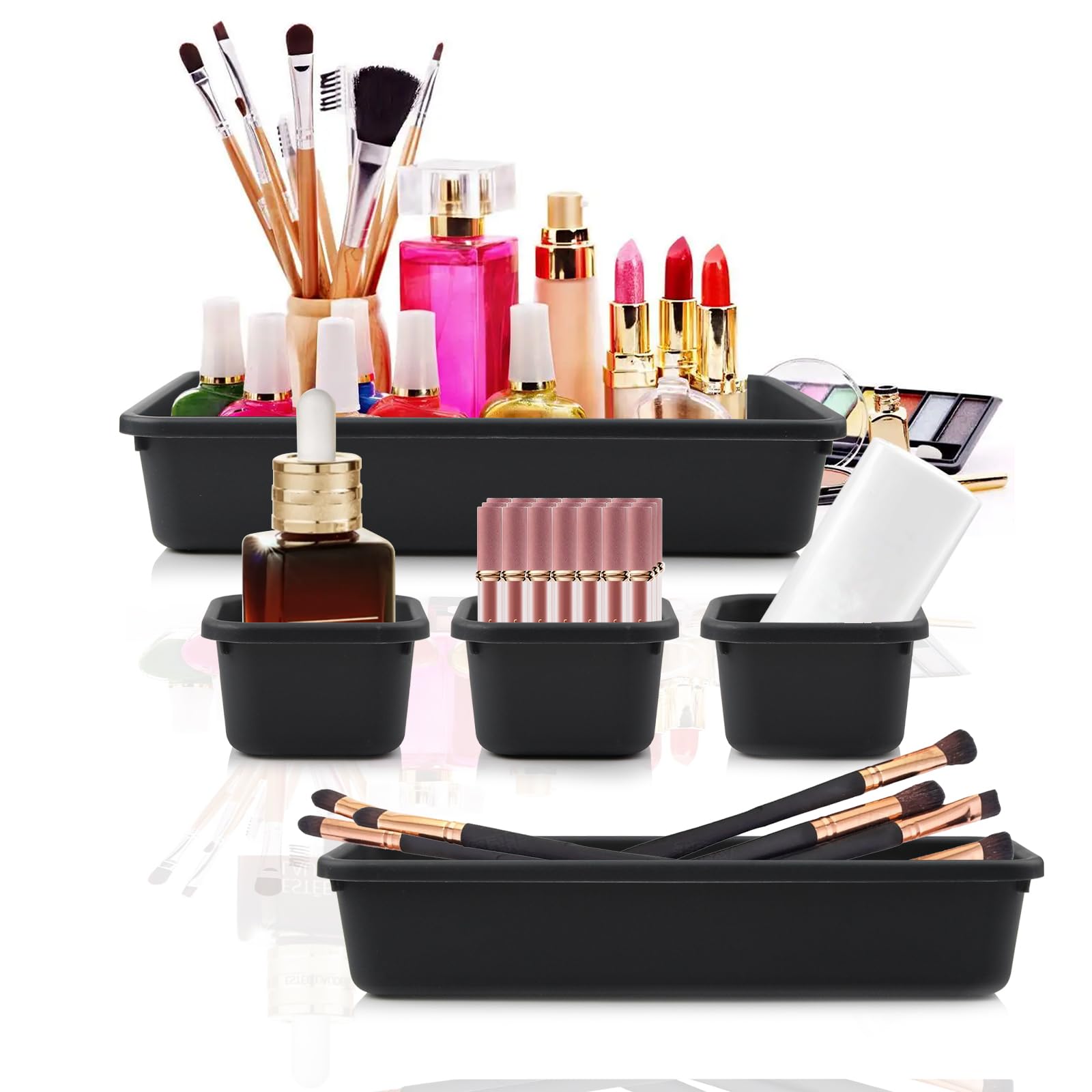Organizer per Cassetti Cucina Bagno Divisori Cassetti 24 Pcs Organizzatore per Organizzazione Scrivania Contenitori per Trucchi in Plastica con 40 Cuscinetti in Silicone Antiscivolo (Nero)