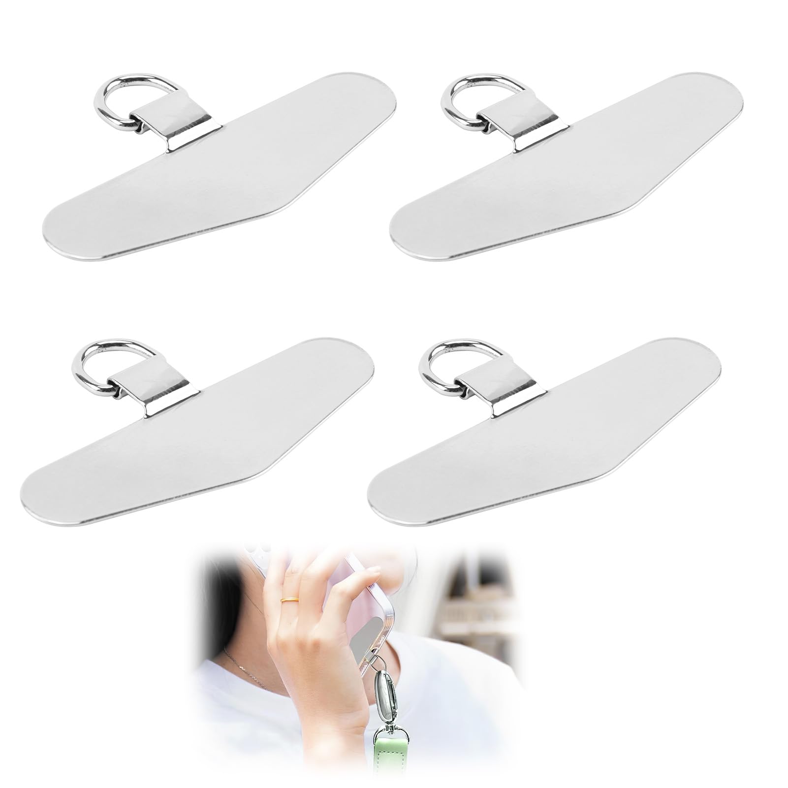 SMCEHEYA 4 Pcs Phone Tether Tags 19MM × 56MM Stainless Steel Phone Lanyard Patch for Cell Phone Replacement Part Silver Mobile Phone Tether Tab for Most Cellphones