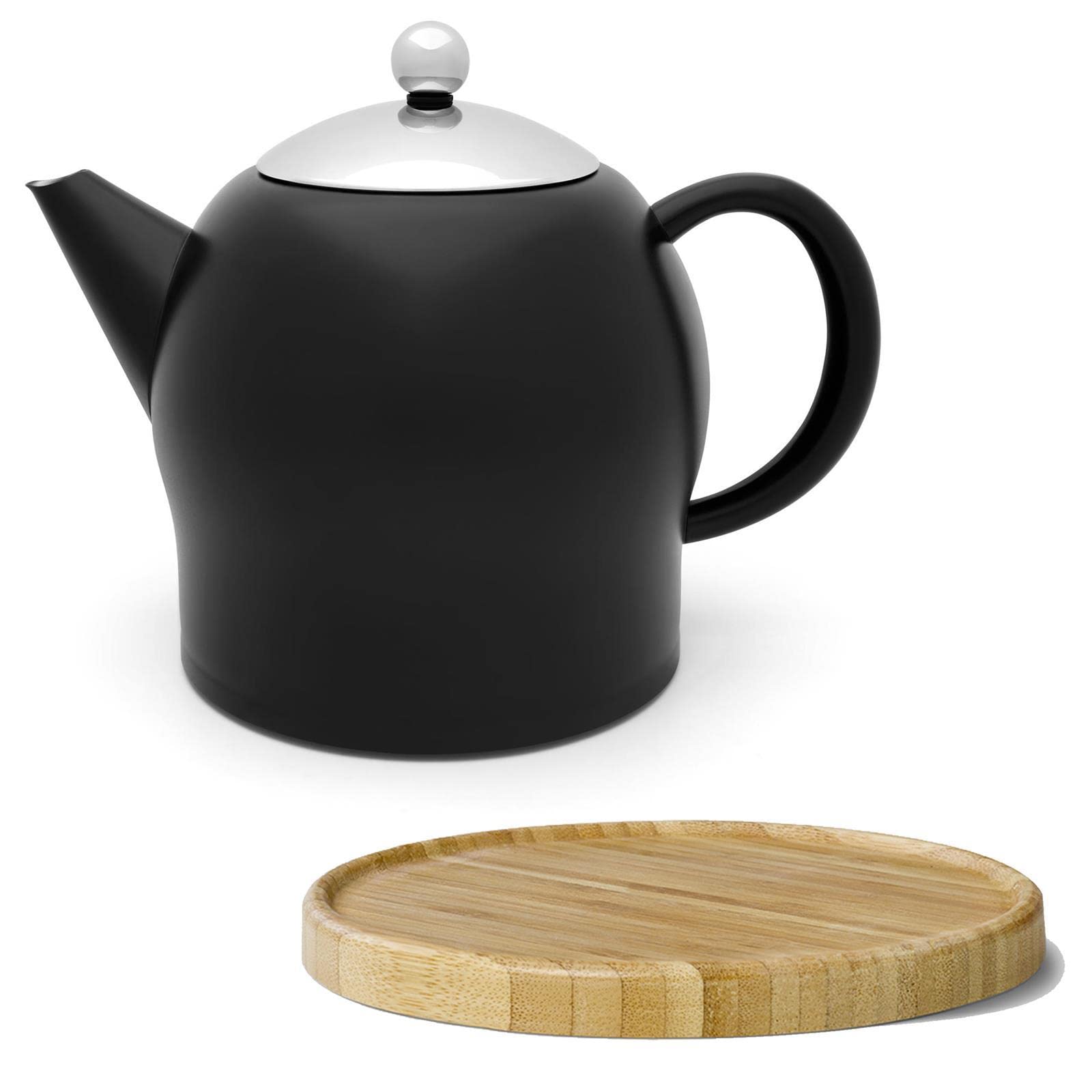 Bredemeijer Teekanne Set 1.4 Liter - Edelstahl doppelwandig Schwarz matt - Großer Moderner Teebereiter ohne Filter - inkl. Holz-Untersetzer braun