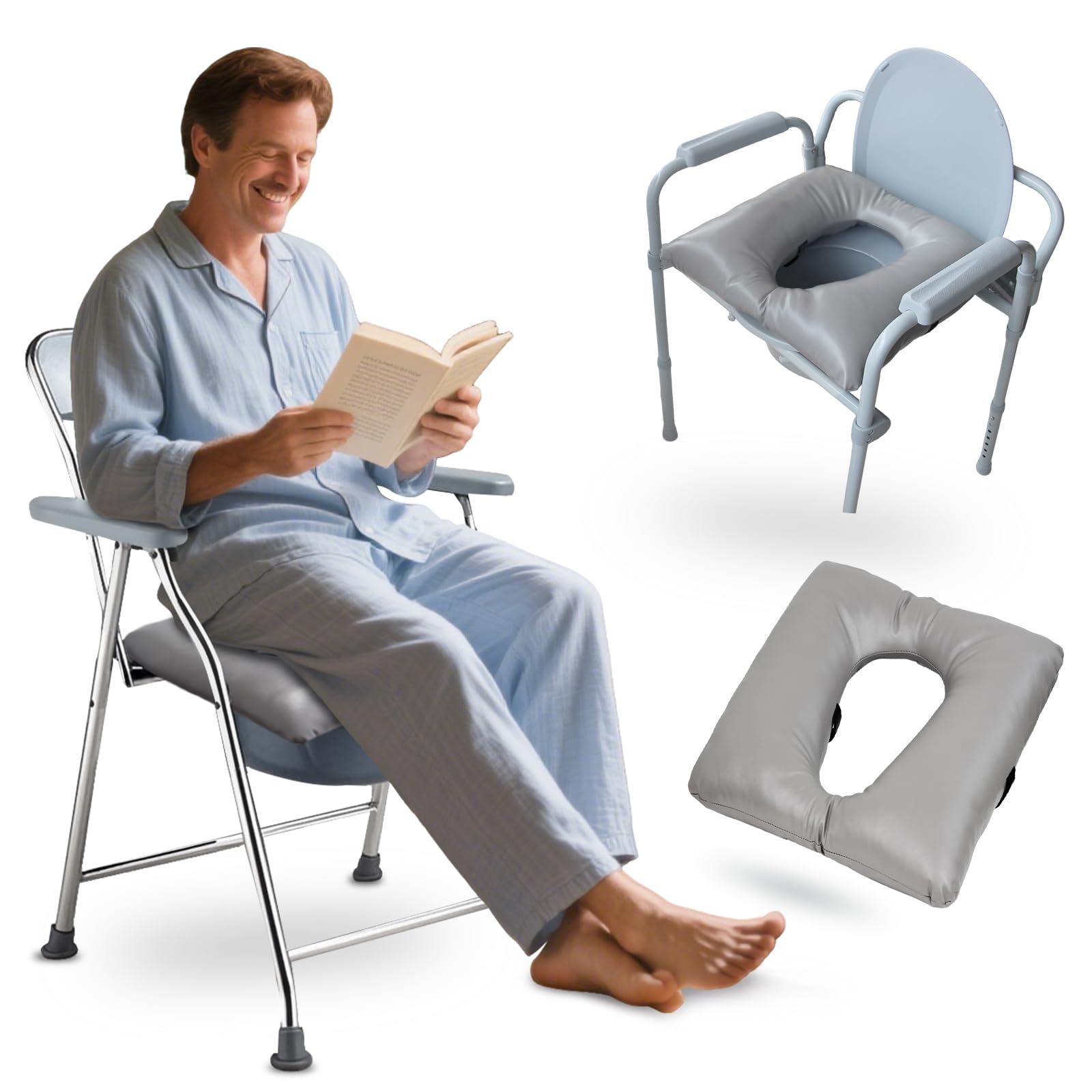 Sitzauflage für Toilettenstuhl & Duschstuhl/Komfort Toilettensitzerhöhung/Anti-Dekubitus kissen/Wärmend, waschbarer PU-Bezug, Fixiergurte - Für Senioren, Schwangere