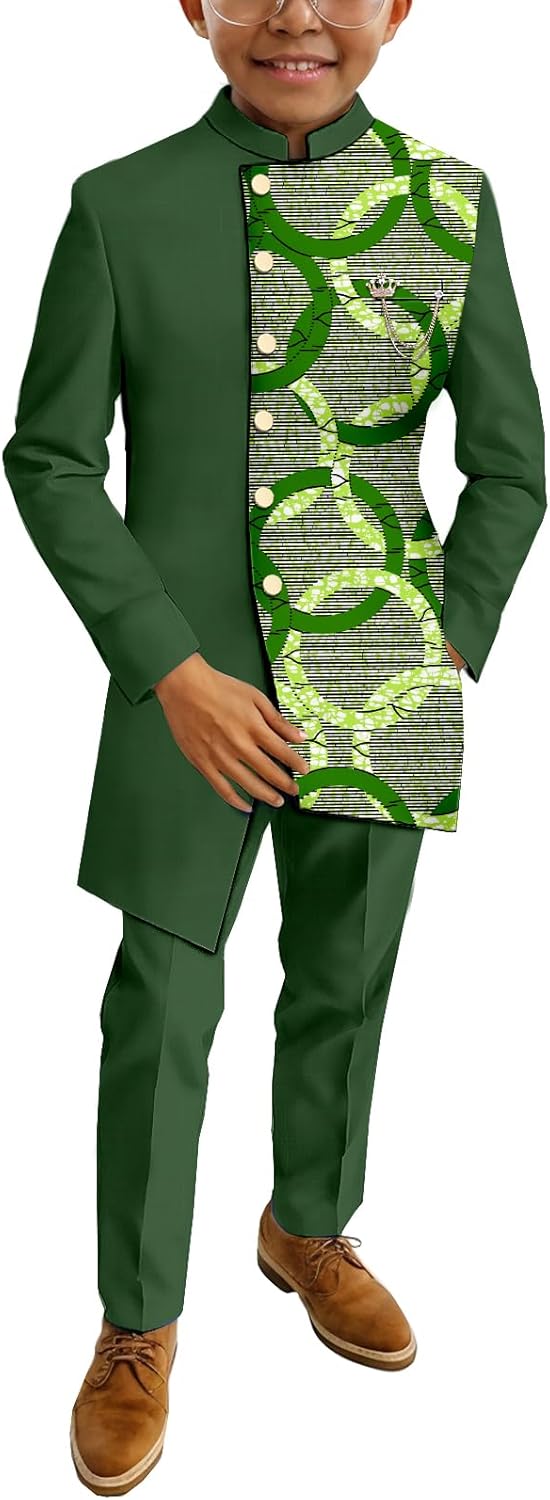 African Suits Boys 2 Piece Set Jacket & Pants Long Sleeve Dashiki Outfit Nigerian Attire Clothing