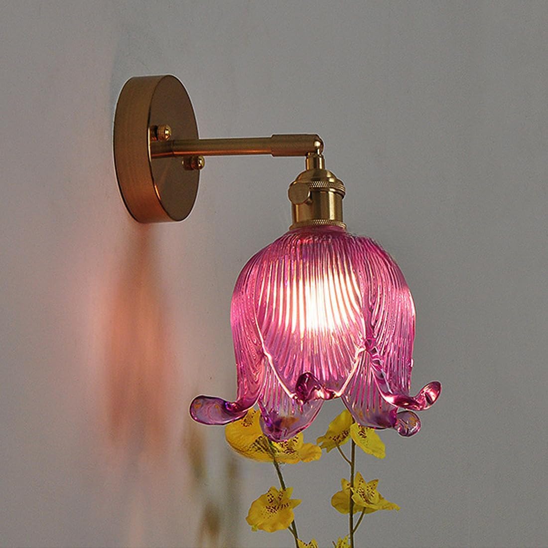 TCHAUSGZUS Vintage Flower Glass Shade Wall Sconce - Adjustable Amber Purple Blown Lighting Fixture for Bathroom, Bedroom, Living Room, Kitchen(Purple)