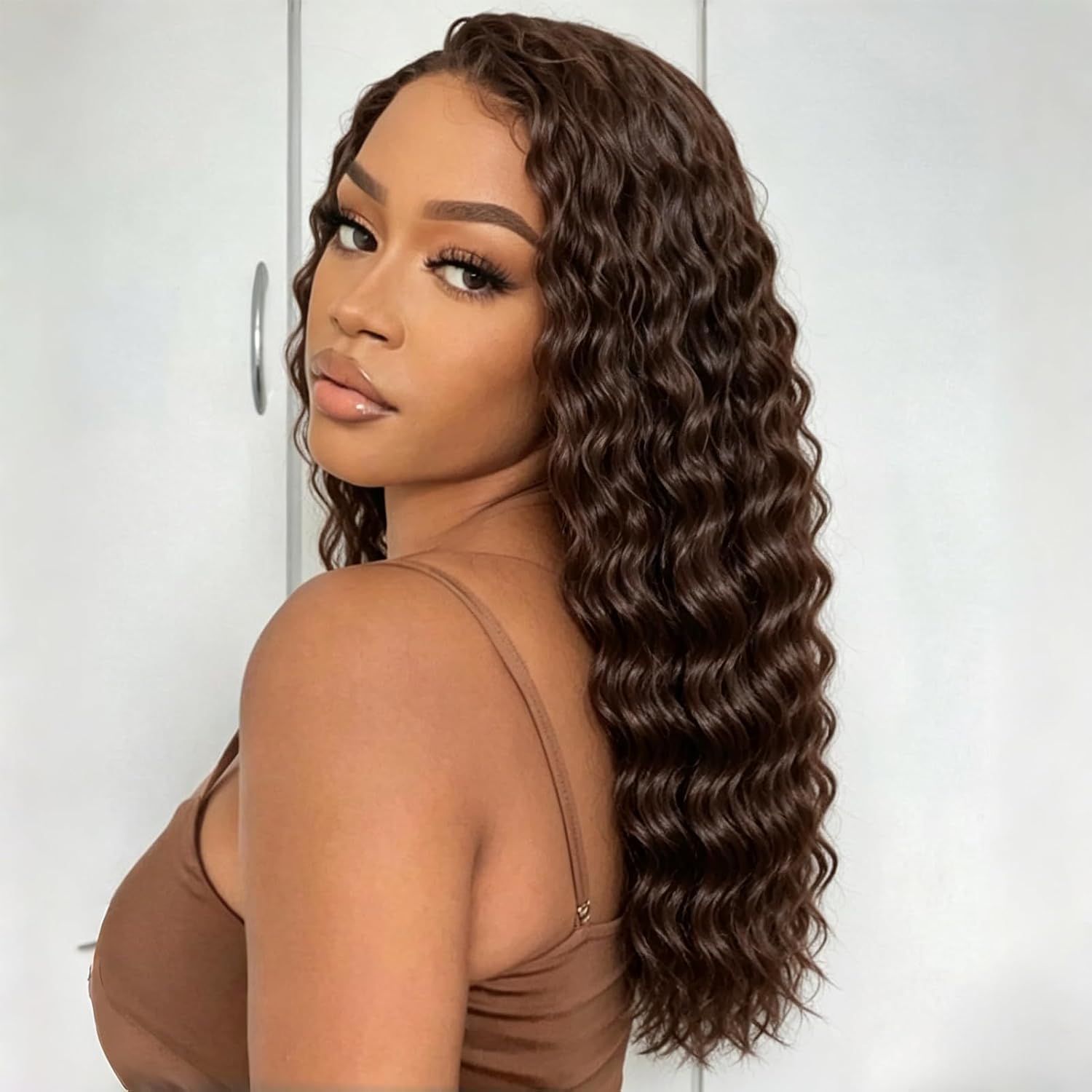 XSY Half Wig Human Hair Deep Wave Chocolate Brown Colour 4# 18 Inch