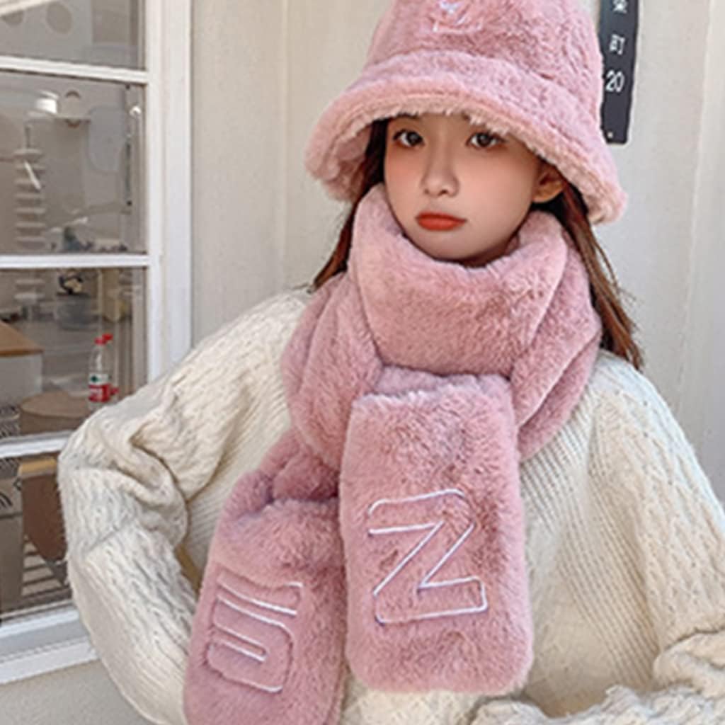 Scarf,Beanie Gloves Scarf Set Cute Bucket Hats For Teens Girls Fuzzy Bucket Hat Fisherman Hat Lady Winter Warm Scarf(Onecolor)