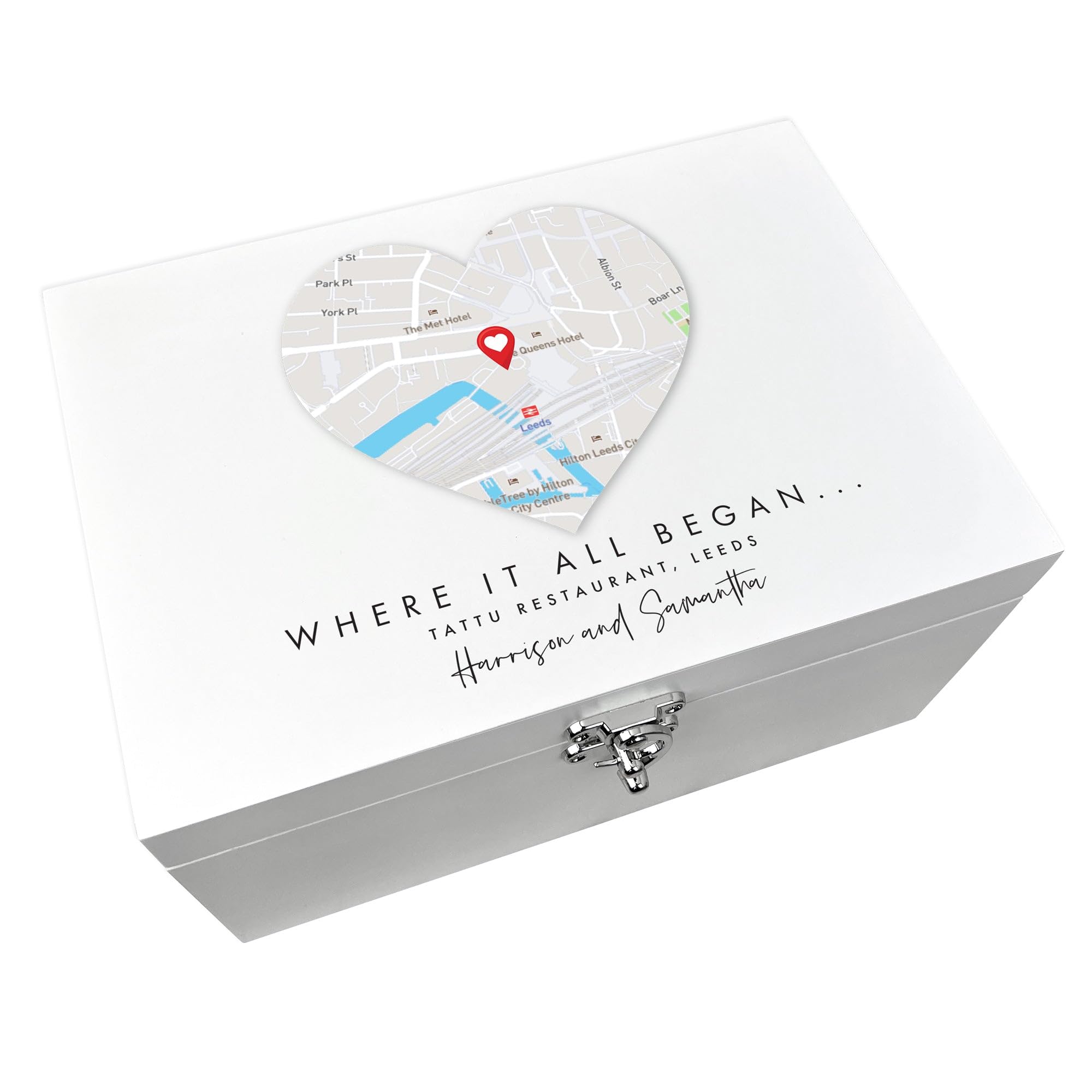 Caja de recuerdos de ubicación de mapa personalizable, diseño de corazón, caja de recuerdos de madera, regalo de San Valentín, aniversario, vacaciones, amistad, 27 x 19 x 14 cm