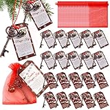 20 Set Christmas Santa Key Ornament for No Chimney Houses Vintage Metal Skeleton Charm Santas Magic Key with Santa Claus Card and Red Organza Bags for Christmas Tree Party Decoration