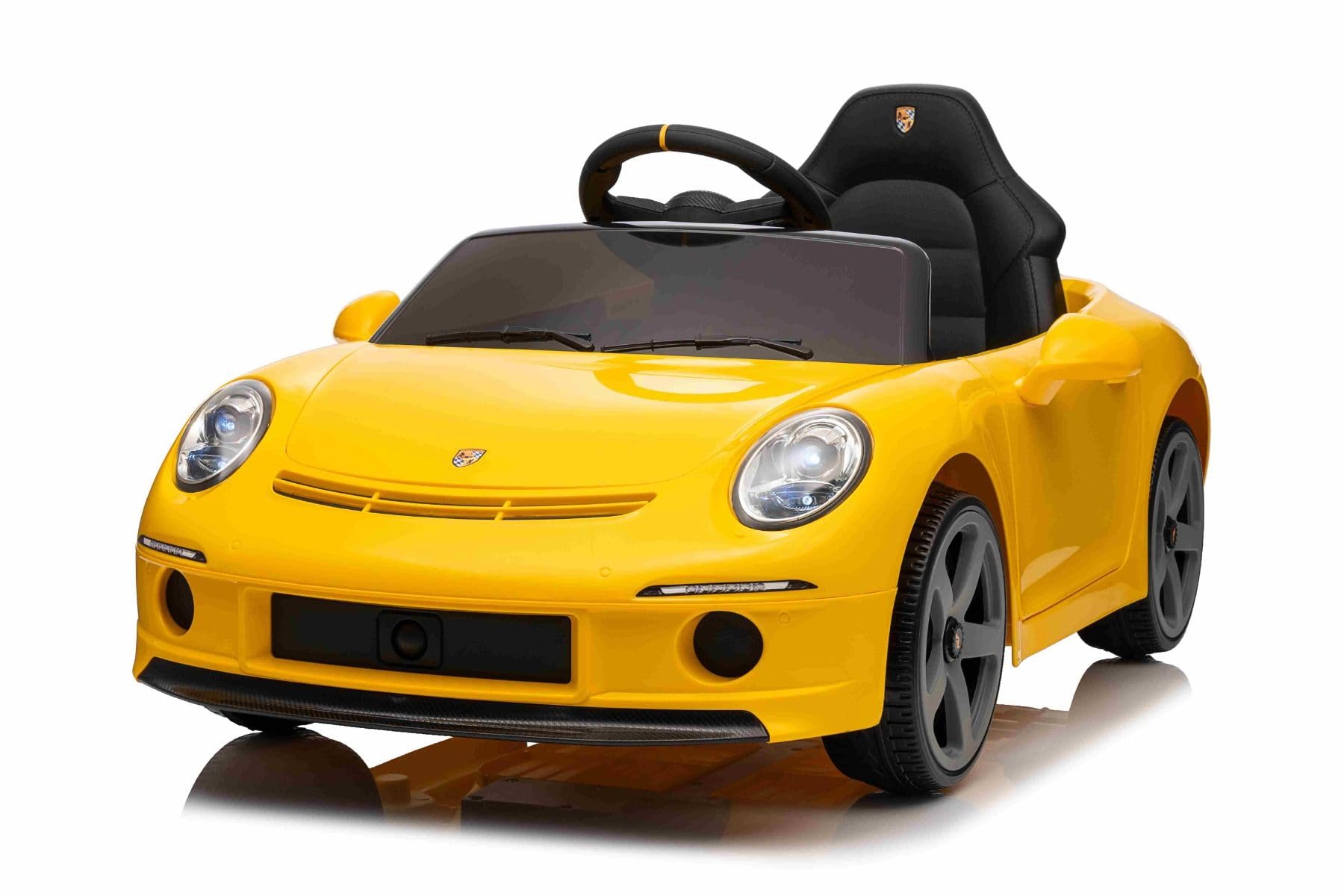 Elektryczna maszyna RUF GT 12 V, żółta, otwierane drzwi, pilot zdalnego sterowania 2,4 GHz, przednie i tylne światła LED, wejście USB/Aux, bateria litowa, 2 silniki 35 W, oryginalna licencja
