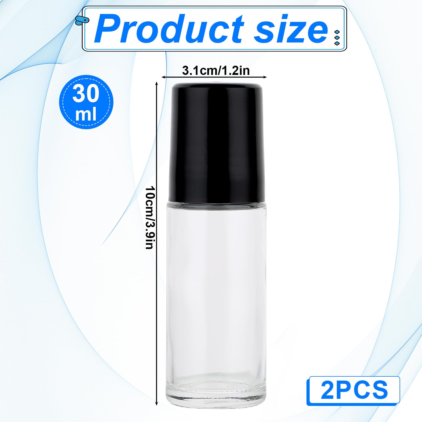 Grevosea 2 bottiglie a rullo, in vetro trasparente nero con sfera a rullo in plastica e coperchio nero, vuote, in vetro, per oli essenziali, 30 ml, ricaricabili, contenitori cosmetici per profumi, oli
