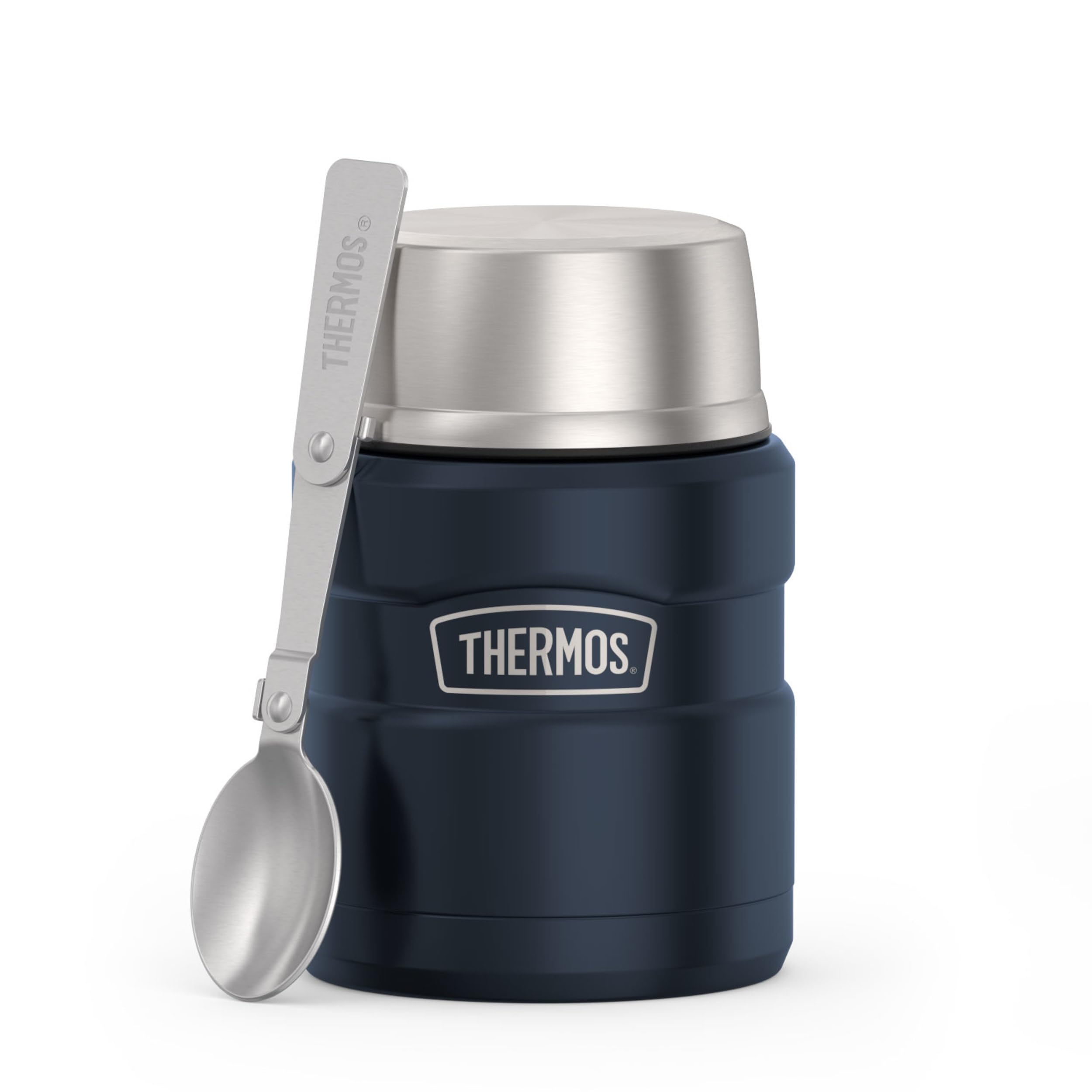 THERMOS Stainless King Food Jar with Spoon,16oz, Matte Mid Blue | Stainless Steel Insulated Food Container with Built-In Bowl, Keeps Food Hot or Cold Longer for Work & Travel