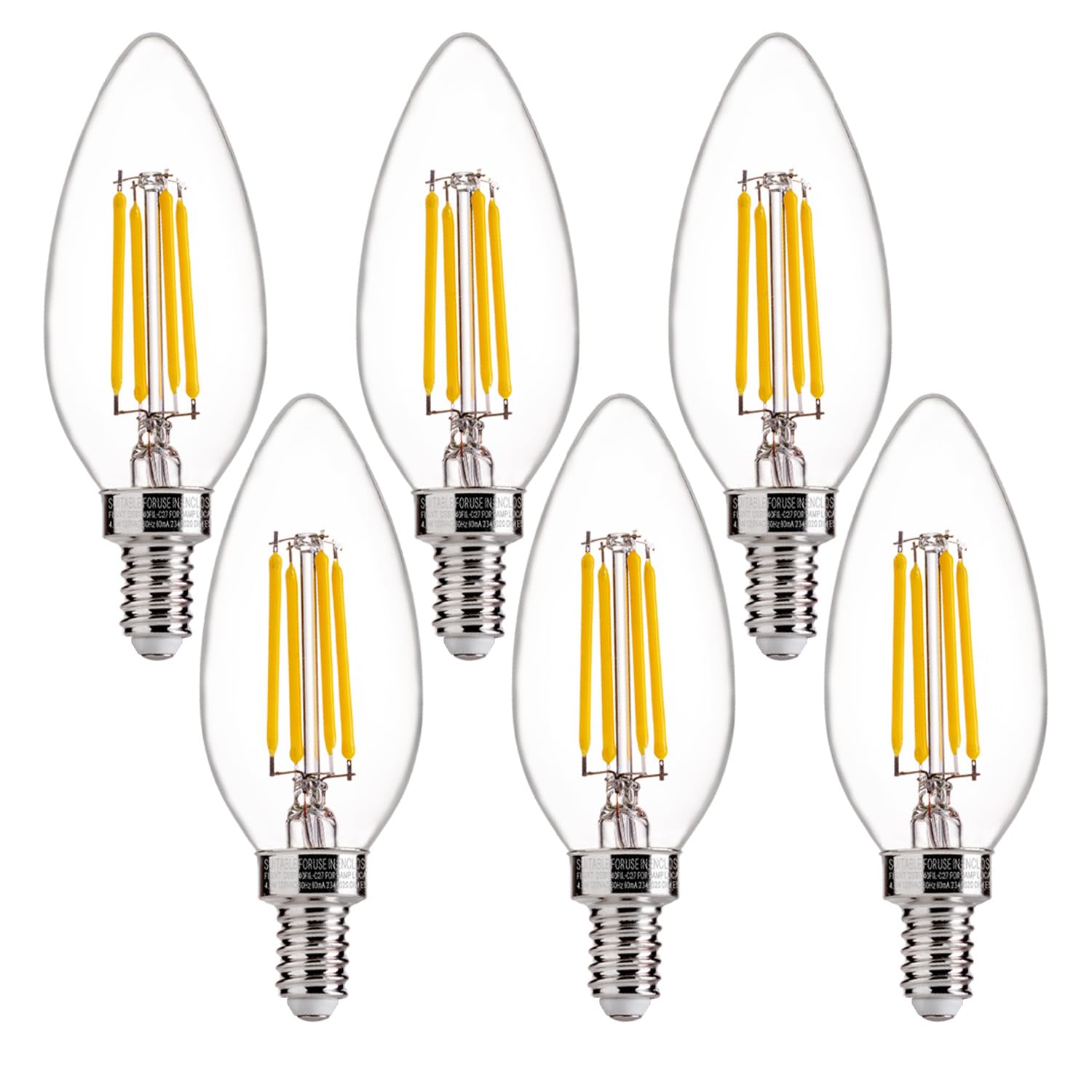 flsnt 60w equivalent led chandelier light bulbs, dimmable led b11 e12 candelabra base bulbs, 3500k natural white, 550lm, 6 pack ul,ca65 listed.