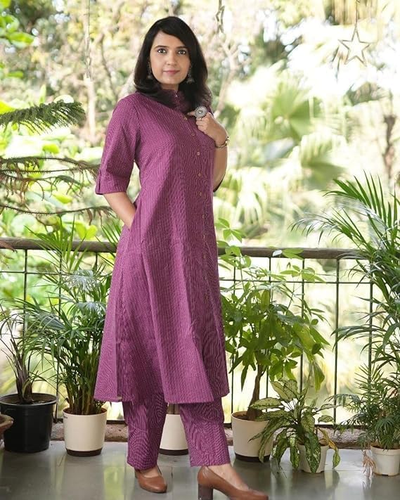 Image of Avayayat Stylish Katha Cotton Co-ord Set For Women - Shirt Style Kurti with Pants, 2peice Kurta With Trouser Casual Wear Brown