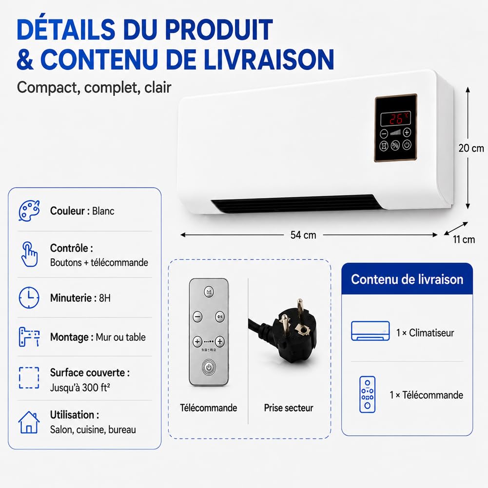 Epicooler Climatiseur - élément de Design Pour Circulation d'air, Climatiseur Mural Sans évacuation Avec Télécommande, Compagnon 4 Saisons, Fixation Simple, Gain de Place (1pcs)