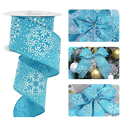 HUIHUANG Snowflake Ribbon Wired Christmas Blue Glitter Burlap Ribbon Wired Edge Ribbon Rolls 2.5 inch x 10 Yards, for Christmas Decoration, Wreaths, Bows Crafts Making