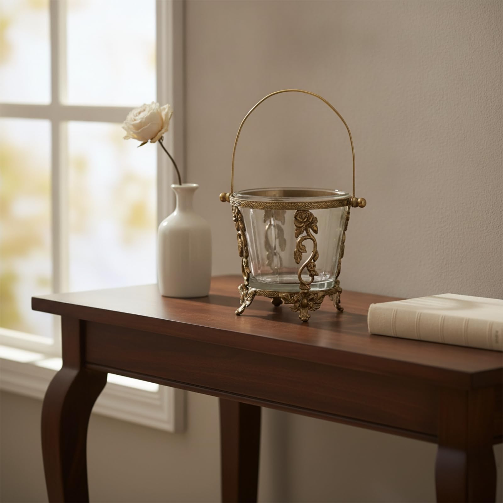 Qianly Recipiente Vidrio con Asa Práctico Tarro Vidrio Transparente Resistente para Decoradores, Estilo Francés, Decoración De Palacio De Versalles, con Grabado De Latón Importado Y Vidrio, Modelo A