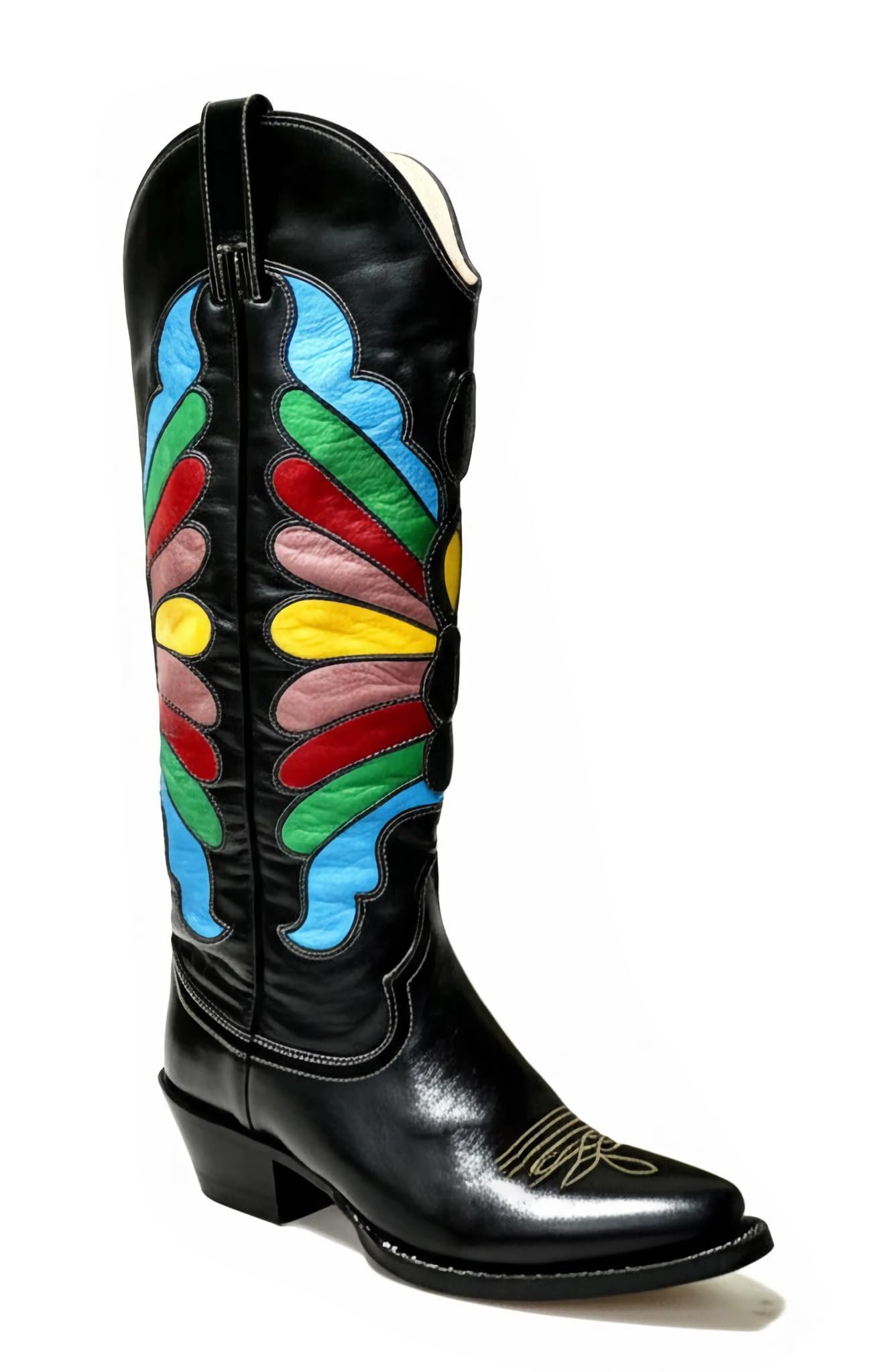 Colorful Butterfly Knee High Cowboy Boots for Women Black Embroidered