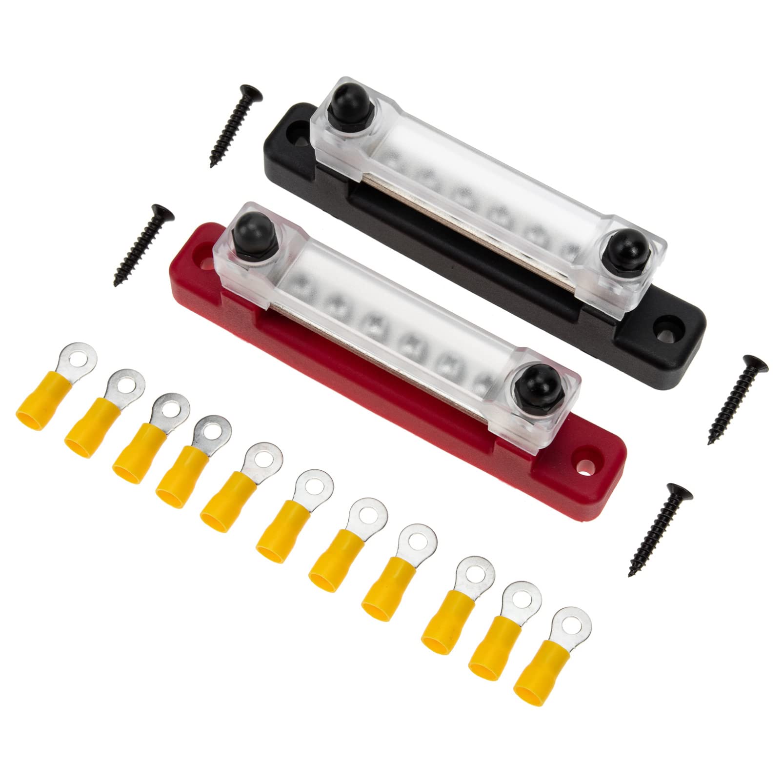 Gadpiparty Morsettiera Batteria Rossa, Barra di Distribuzione in Rame per Camion e Yacht, 12 Terminali Gialli, M4x6 e M6x2
