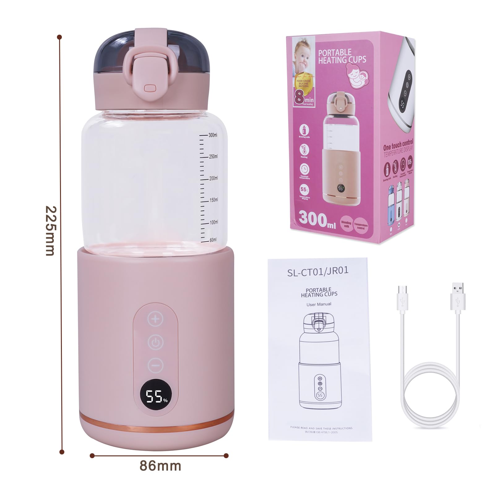 Flaschenwärmer für Unterwegs, Flaschenwärmer Baby Unterwegs Akku 5200 mAh Tragbarer Babykostwärmer 30 W mit konstanter Temperatur 37-55 °C, 300 ml Fassungsvermögen (Rosa)
