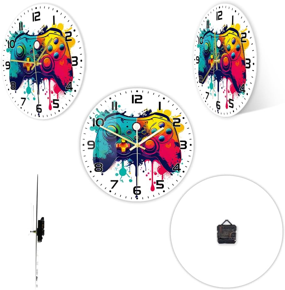 15 Inch Video Game Wall Clock, Silent Non Ticking Gamepad Wall Watch Clock Colorful Gaming Controller Wall Art Decorative Quartz Wall Clock Battery Operated for Game Room Play Room Man Cave