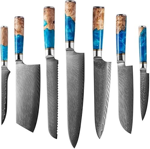 Juego de cuchillos de cocina, 7 piezas de cuchillos de cocina de acero de Damasco VG10, cuchillo de chef de resina, color mango de madera, disponible en Yaxa Colombia