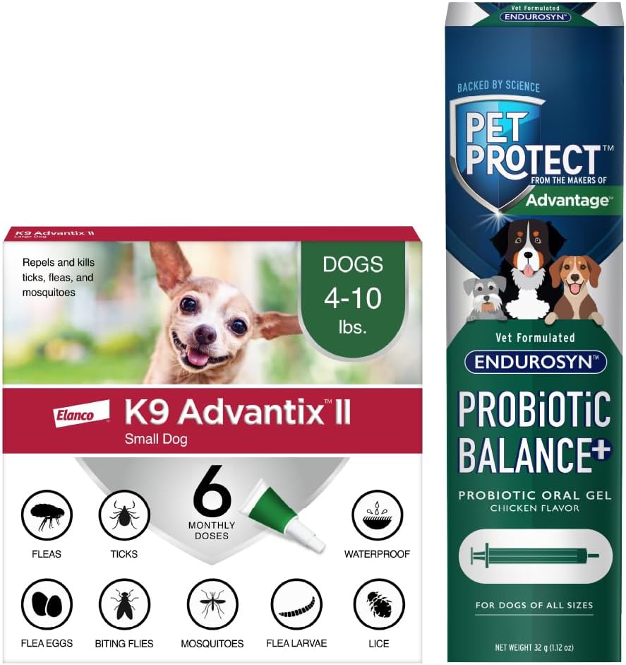 Bundle of K9 Advantix II Small Dog| Dogs 4-10 lbs. | 6-Mo Supply + Pet Protect Probiotic Balance+ Dog Supplement | Oral Gel | 32g