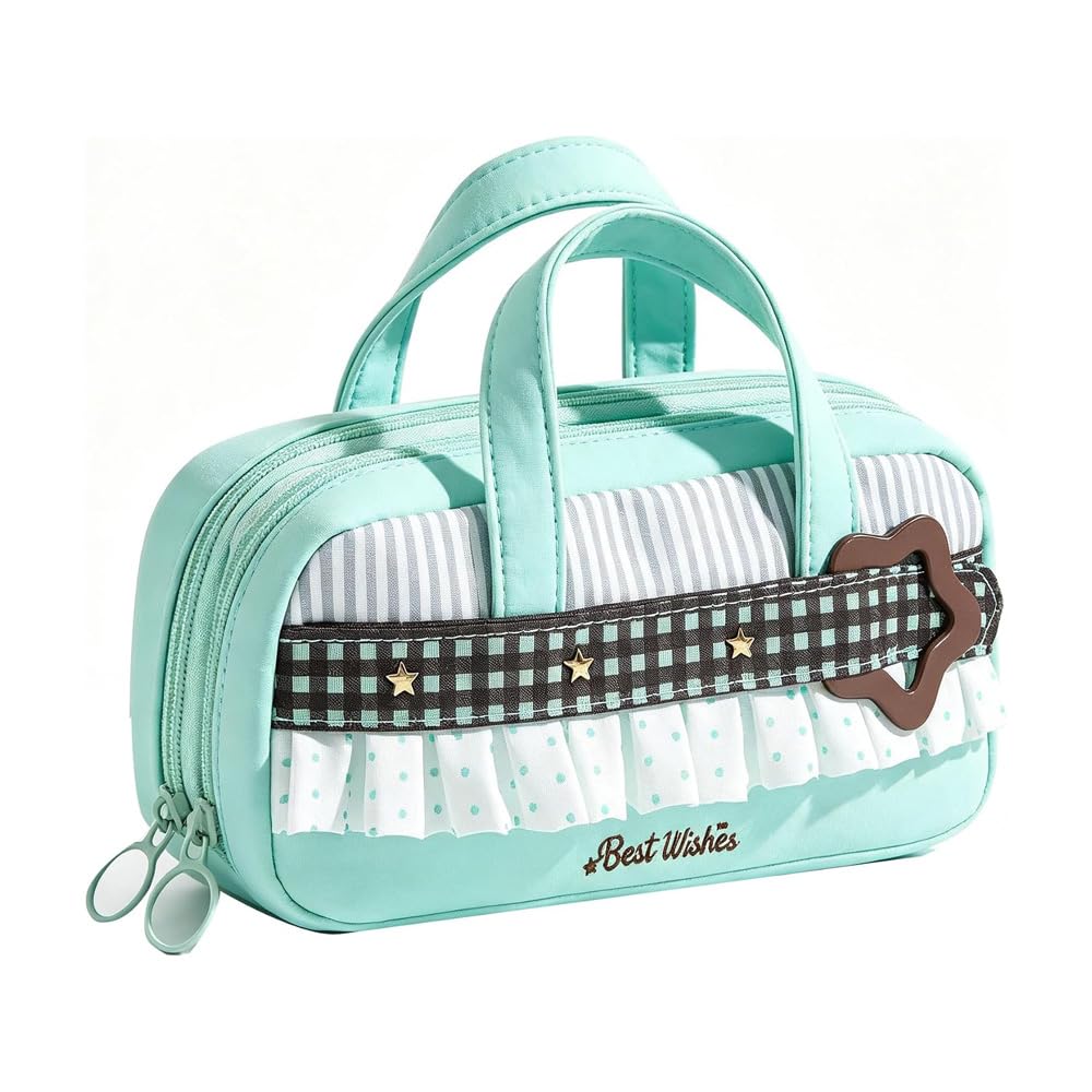 Cute Pencils Case with Handle,Polka Dot Pencil Pouch Organizer，Mint Green