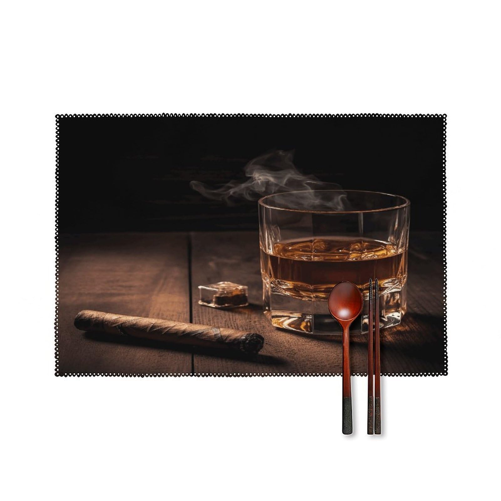 Cigar & Whiskey Placemats Set of 4 Canvas Washable Cloth Place Mats Wipeable Heat Resistant Table Mats Elegant Cloth Placemat for Kitchen Dinning Party Table Decor 12" X 18"