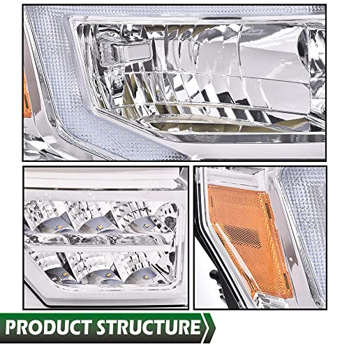 Image of GRAND ORANGE LED DRL Headlight Assembly Compatible with Ford F150 2009-2014 Left Driver & Right Passenger Side Clear Lens Chrome Housing Amber Reflector FO2503289 DL3Z13008EC