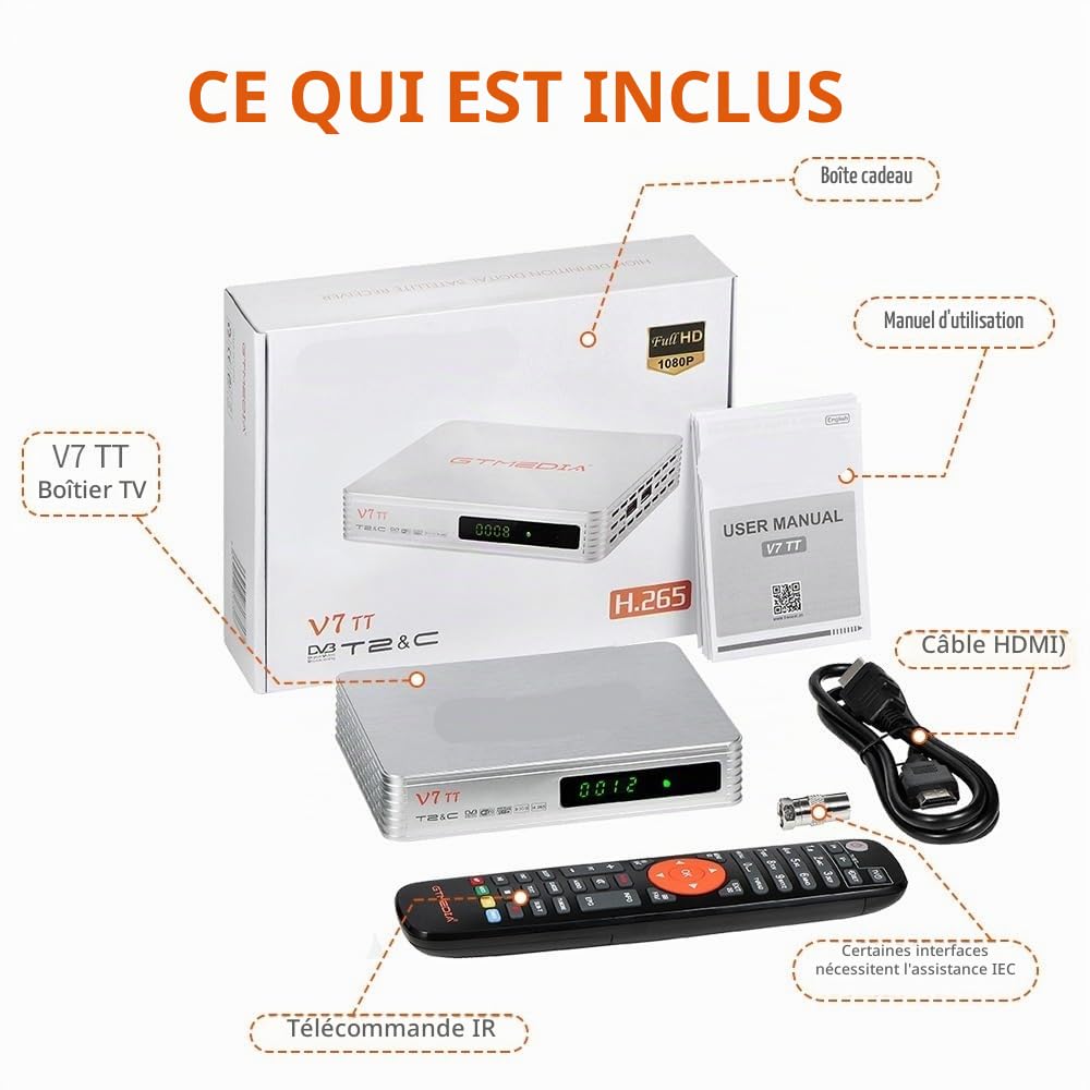 Détecteur de Satellite, Décodeur TNT V7 TT DVB-T/T2 Récepteur TV terrestre H.265 10 bits Full HD 1080p Câble avec antenne WiFi USB/Ethernet