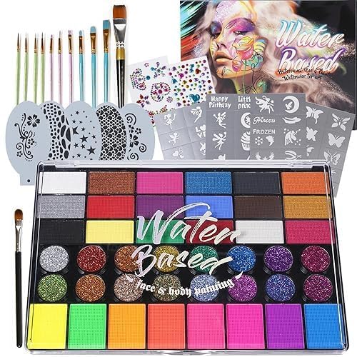 Water-Based Face & Body Paint Kit, 42 Colors with Brushes | 5 Reusable Stencils, Glitter Included, Easy to Wash Off, 11 Paint Brushes, Gem Stickers-image-11
