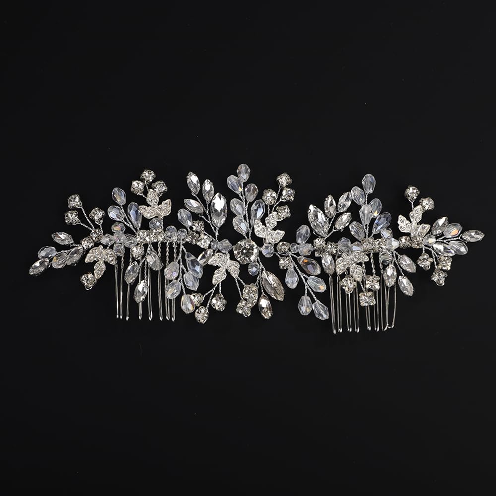 Rumtock Silver Hair Comb Set for Wedding Brides Women Hair Jewelry Bridal Handmade Crystal Jewelry (Silver)