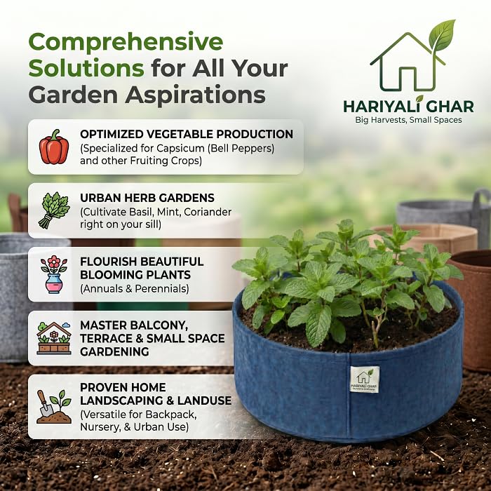 Image of 400 GSM Geo Fabric Round Grow Bags 12x6 Inch, Blue Planting Bags for Terrace and Kitchen Gardening Pack of 5