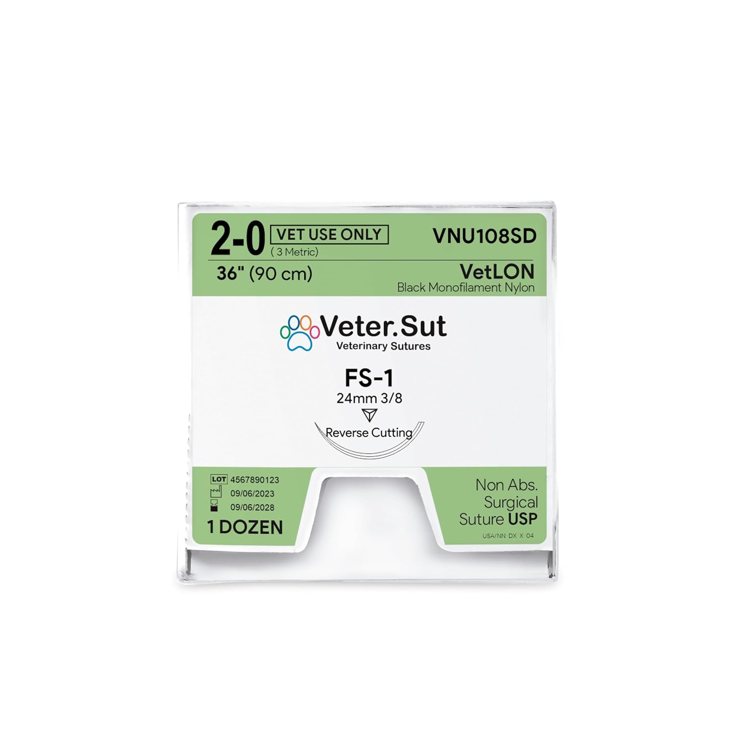 VeterSut VetLON Non-Absorbable Nylon Surgical Suture USP Size 2-0, (FS-1) 3/8 24mm Reverse Cutting Needle, 36 Inches (90 cm), 12 Count, Veterinary Use