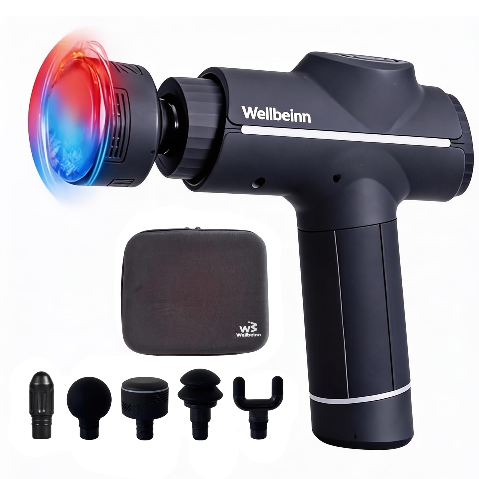 WELLBEINN Pistolet de Massage Musculaire Chaud et Froid | Massage Gun Professionnel Tissus Profonds | 5 Vitesses | 5 Têtes de Massage