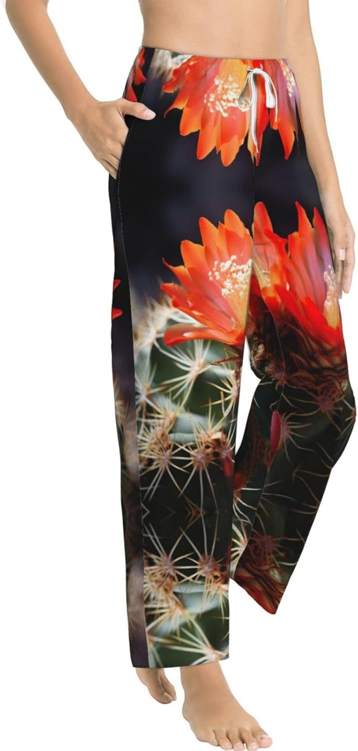 Cactus Flower Print Cozy Christmas Pajama Pants,Flannel Pajama Bottoms,Cater To Various Body Types